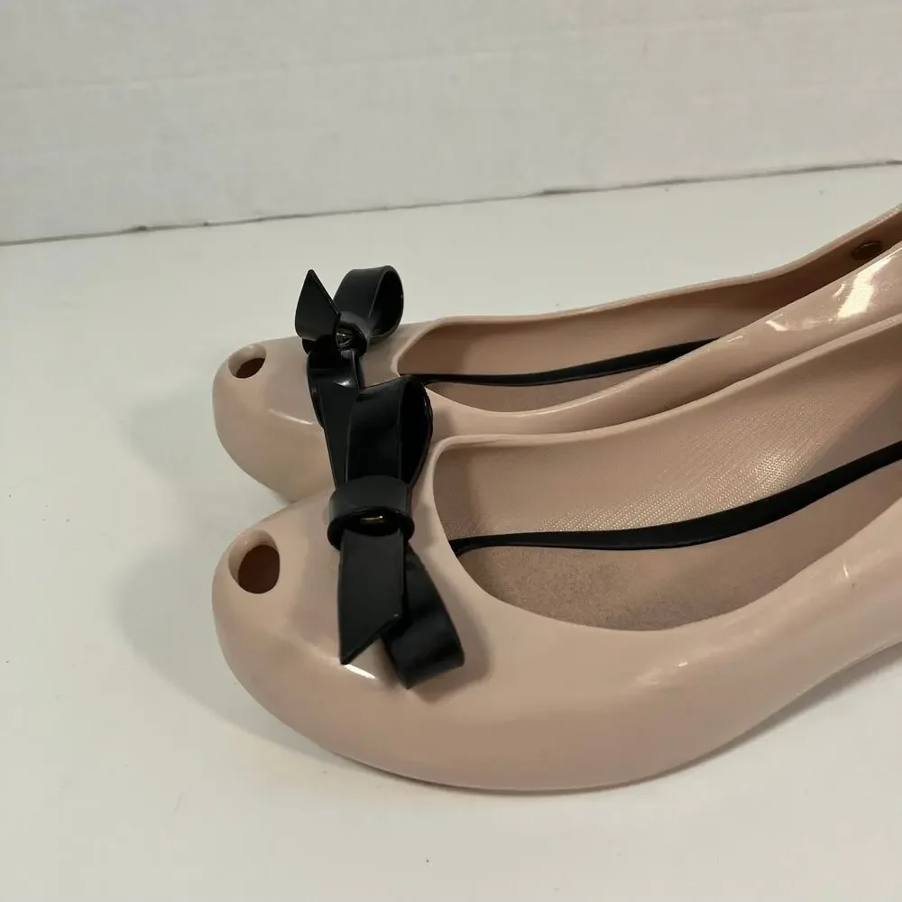 MINI MELISSA Girls Sz 1 Ultragirl Classy Jelly Shoes in Pink w Black Bow WORN